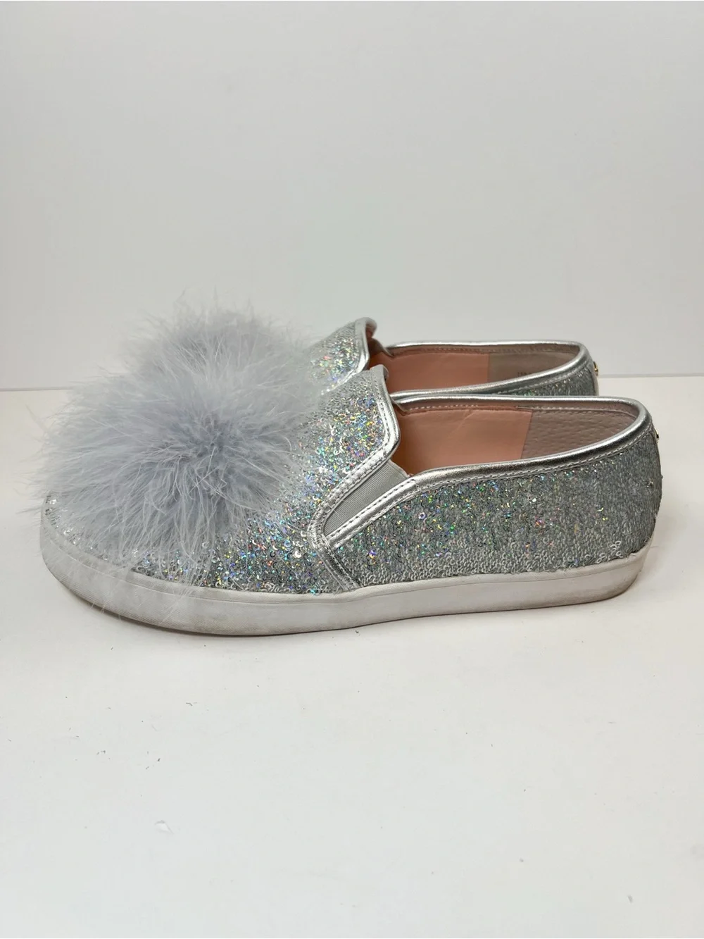 Kate Spade Latisa Silver Sequin Pom Pom Slip On Sneakers size 7.5 Small Flaw